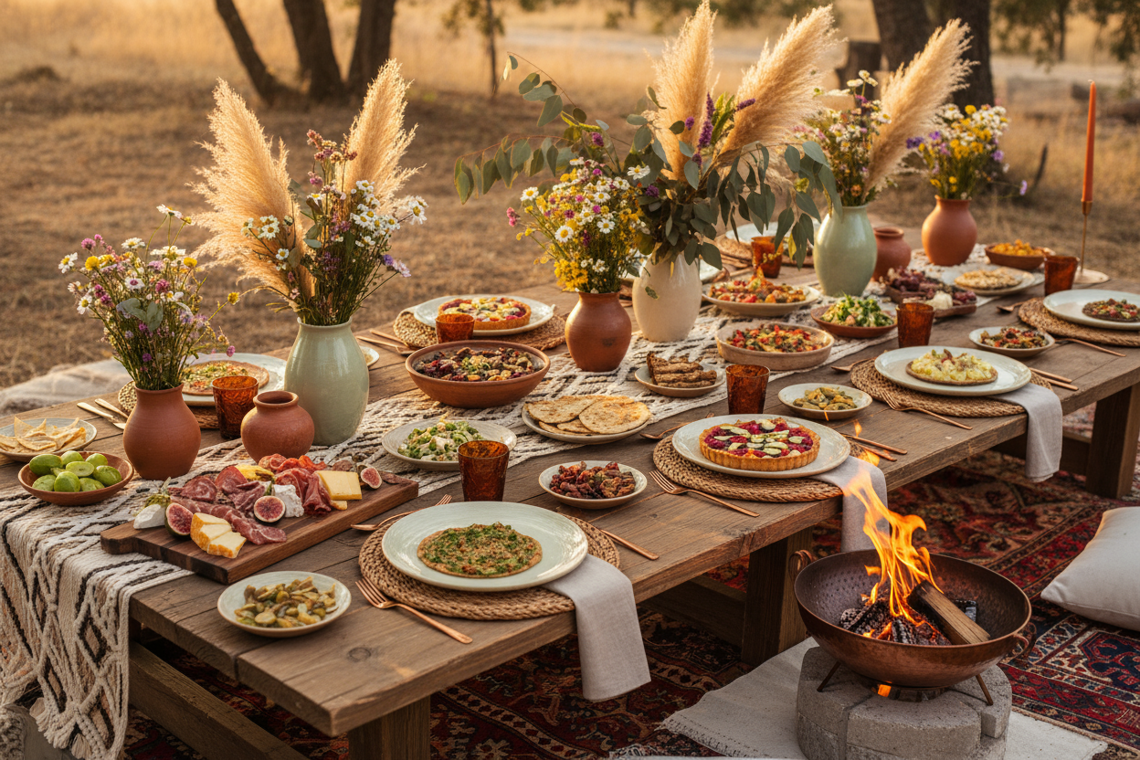 food on table, boho style, maybe some small fire, for catering company